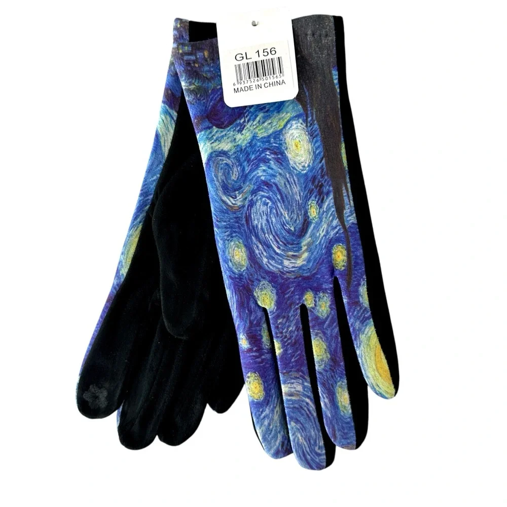 Micro Suede Gloves Van Gogh Starry Night Inspired New One Size Fits Most